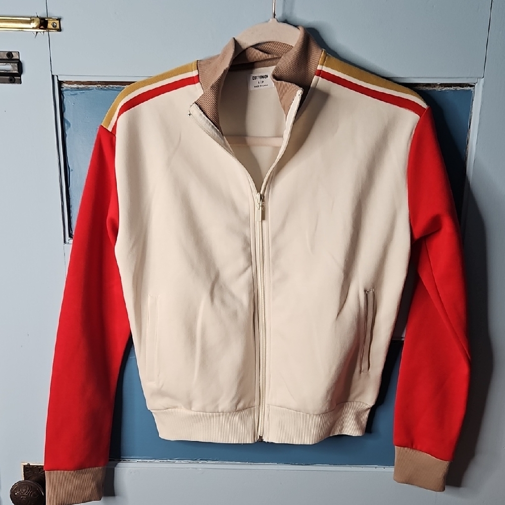 Cotton On Women's Vintage Style Red and Cream Track Jacket Small